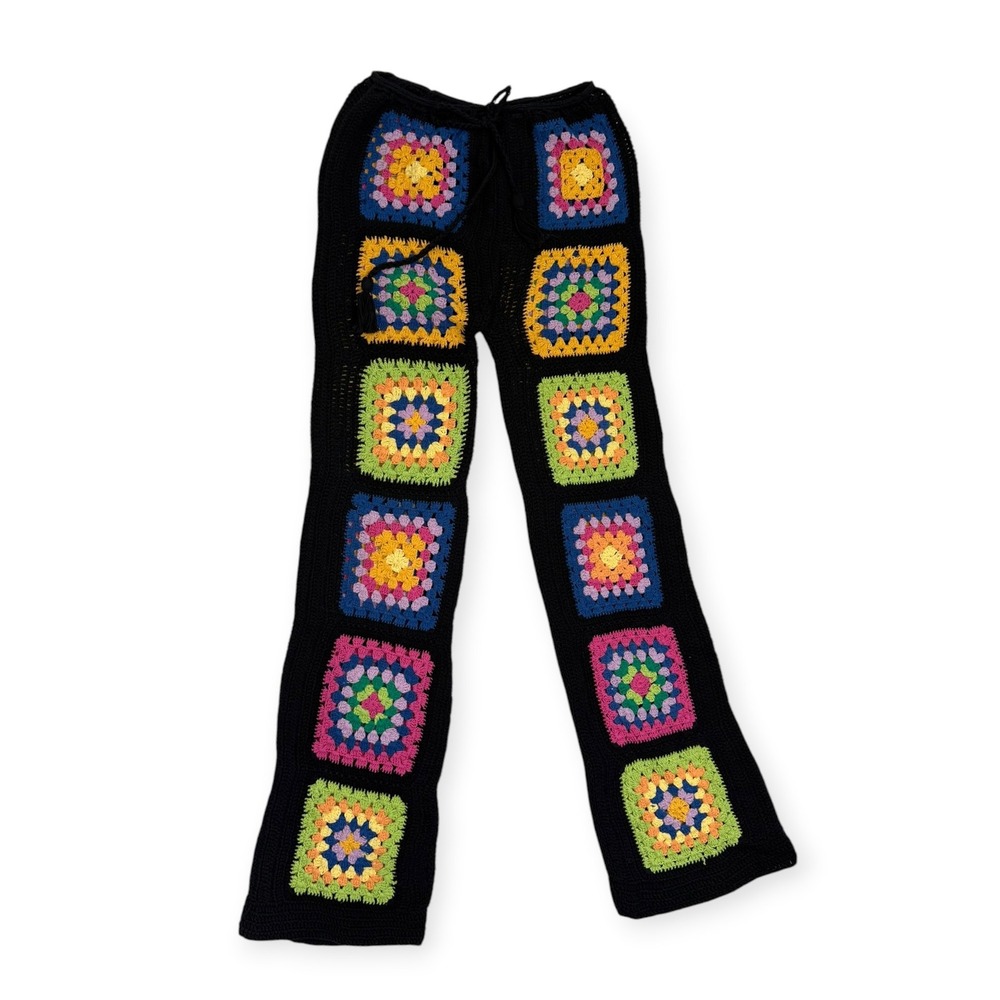Flook x Free People Crochet Granny Square Pants Womens Medium Black Multi Knit